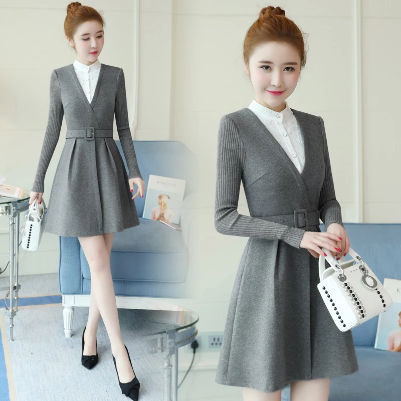 Long sleeves woolen dress female spring and autumn new fake two lace stitching A-shaped thickened dress