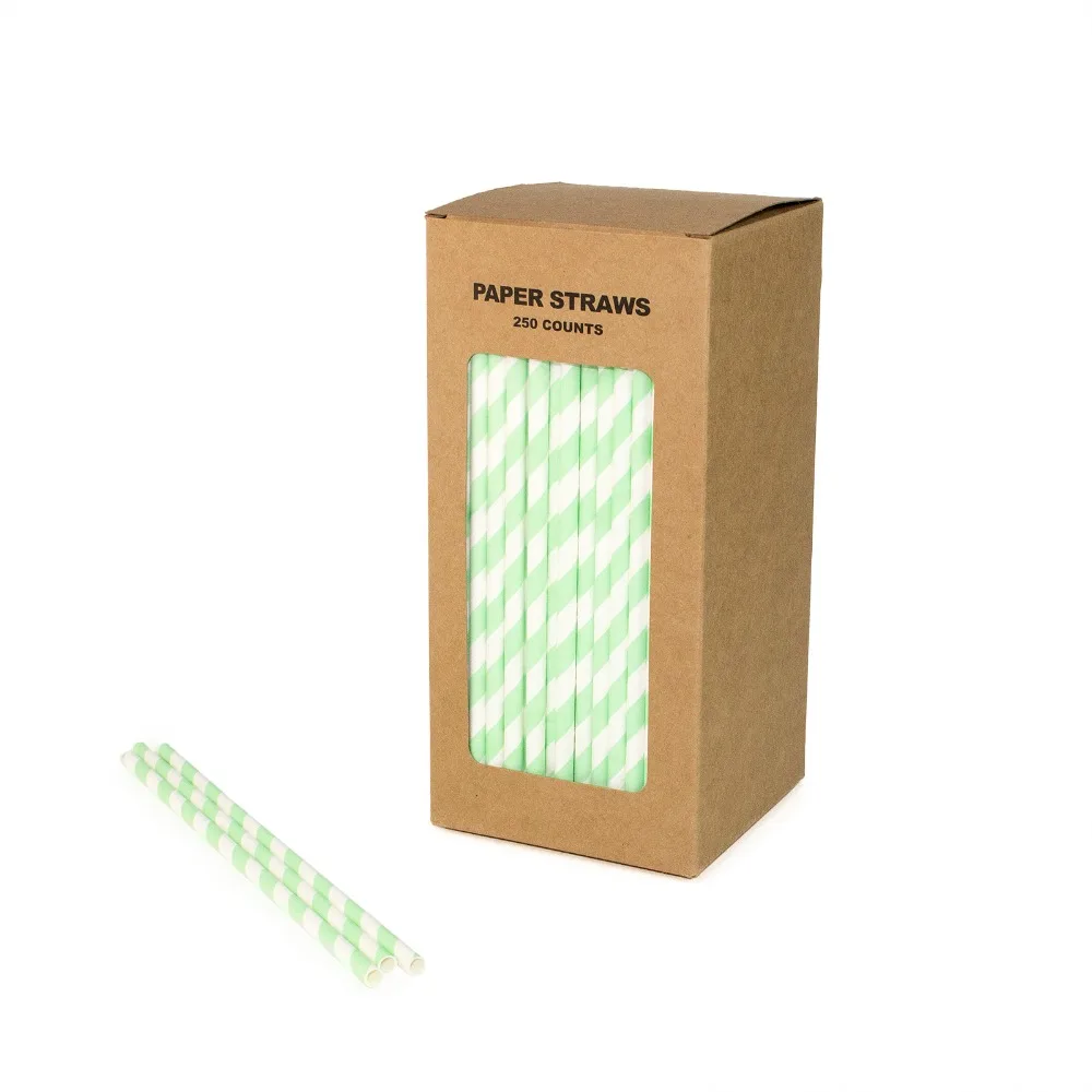 Free Shipping 100% Biodegradable Paper Straws Stripe Mint Green And White Drink Straws 250 Counts  Box