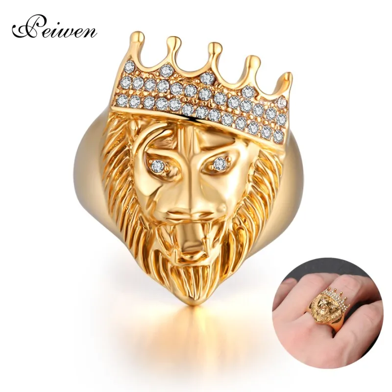 New Gold Color King Lion 's Head and Crown Ring Stainless Steel Men Hip Hop Punk Animal Shape CZ Crystal Ring Male Jewelry Gifts