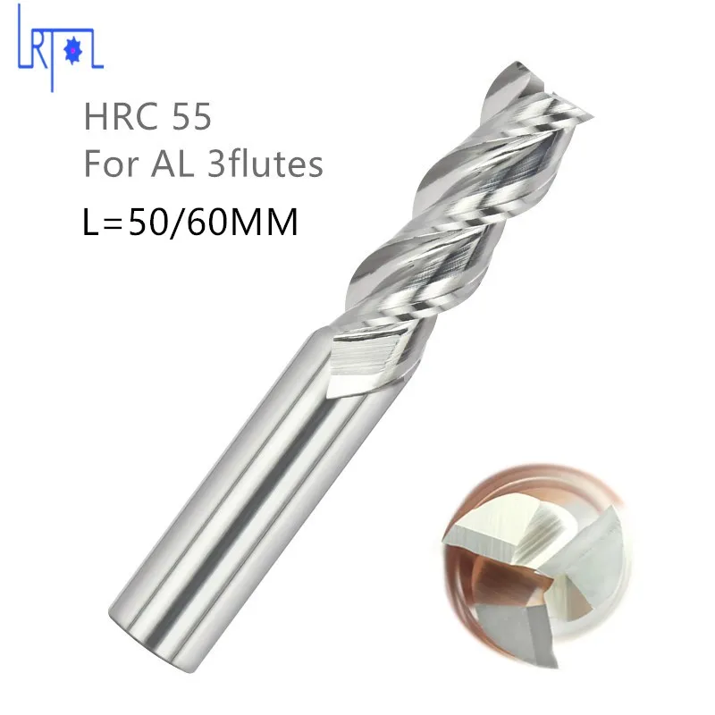 5 pces hrc55 3 flautas 4 5 6 8*50 60mm moinho de extremidade quadrado liso para ferramentas de trituração de alumínio do bocado espiral carboneto cnc