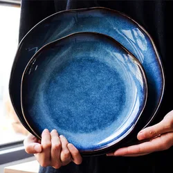 Retro japanese deep blue ceramic plate food dessert dish irregular household flat plate dish