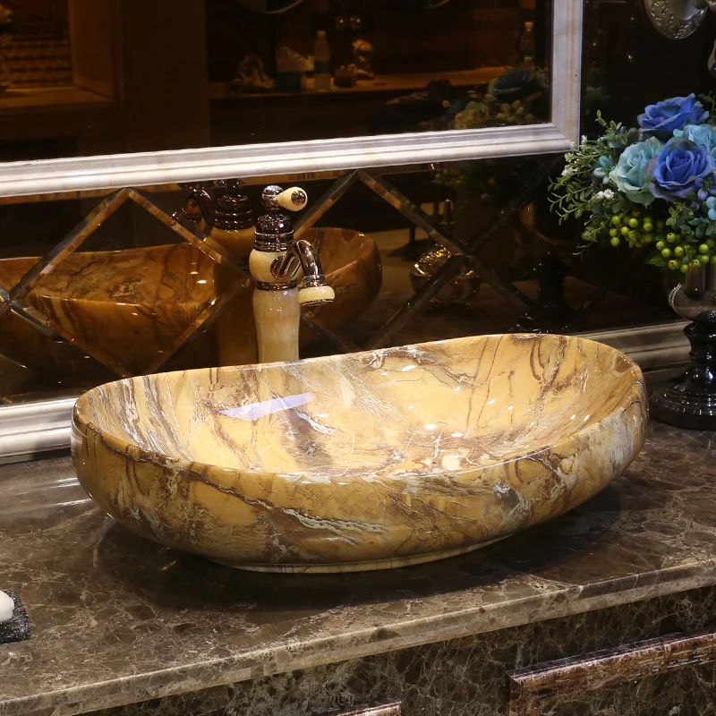 

Luxurious brown Glazed Art Counter Top ceramic bathroom sinks wash basin chinese porcelain shampoo bowl sink oval