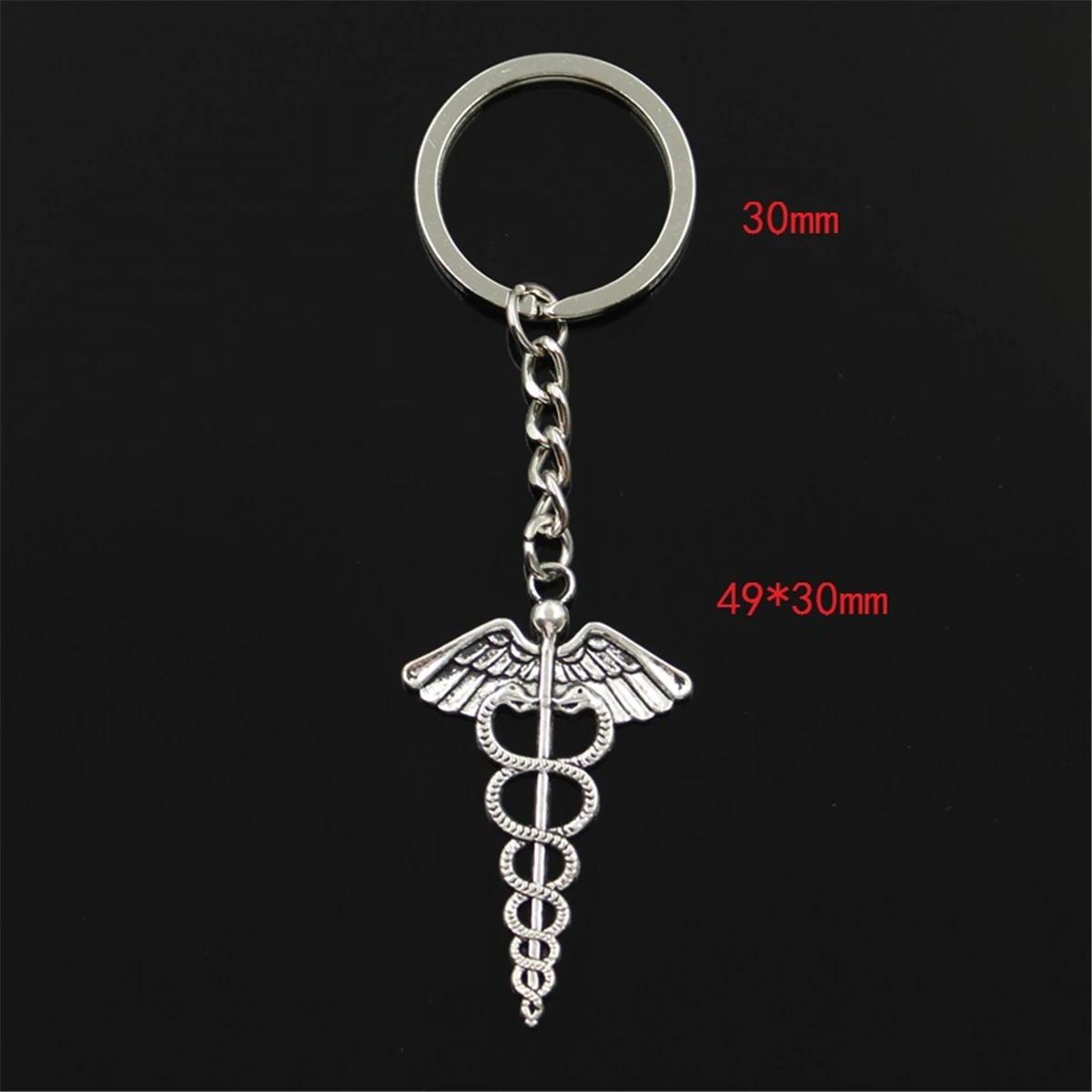 New Fashion Men 30mm Keychain DIY Metal Holder Chain Vintage Caduceus Medicine Symbol 49x30mm Silver Color Pendant Gift