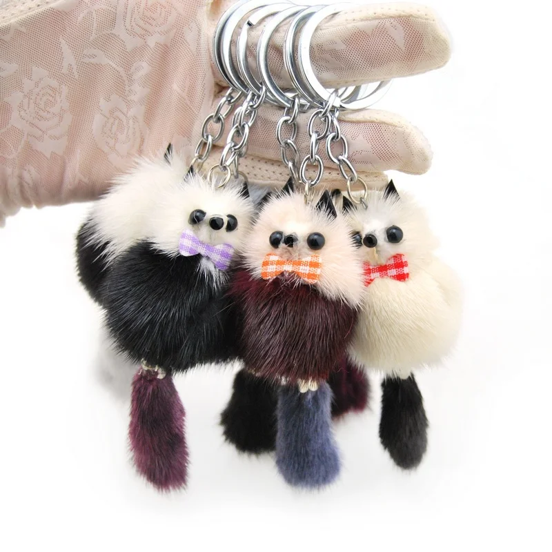 Fluffy Real Mink Fur Bear Keychain Women Cute Girls Pompom Raccoon Key Chain Ring On Bag Jewelry Party Wedding Gift