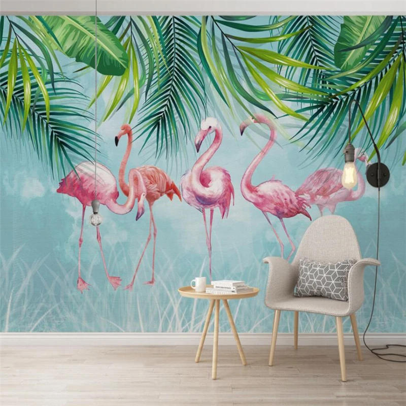 

wellyu Nordic Tropical Plants Flamingo Background Wall Paper Mural Custom Large Mural Green Wallpaper papel de parede