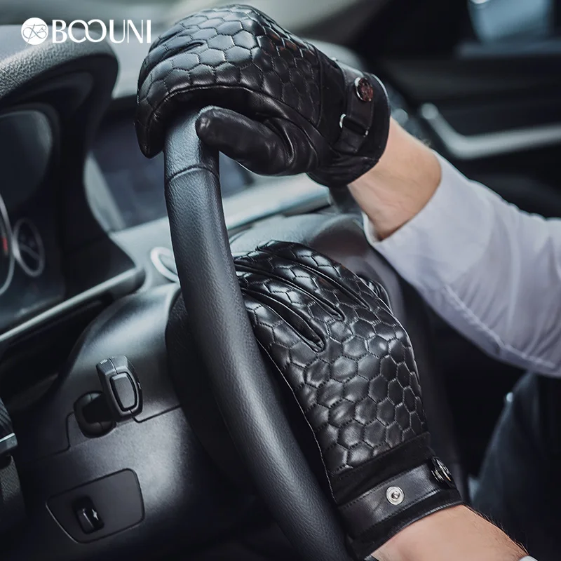 Genuine Leather Men Gloves Fashion Plaid Black Business Sheepskin Driving Glove Winter Thicken Warm Five Finger NM764