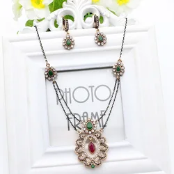 Vintage Women Flower Jewelry Sets Turkish Long Necklace Resin Drop Earring Antique Gold Color India Peacock Bridal Jewelry Sets