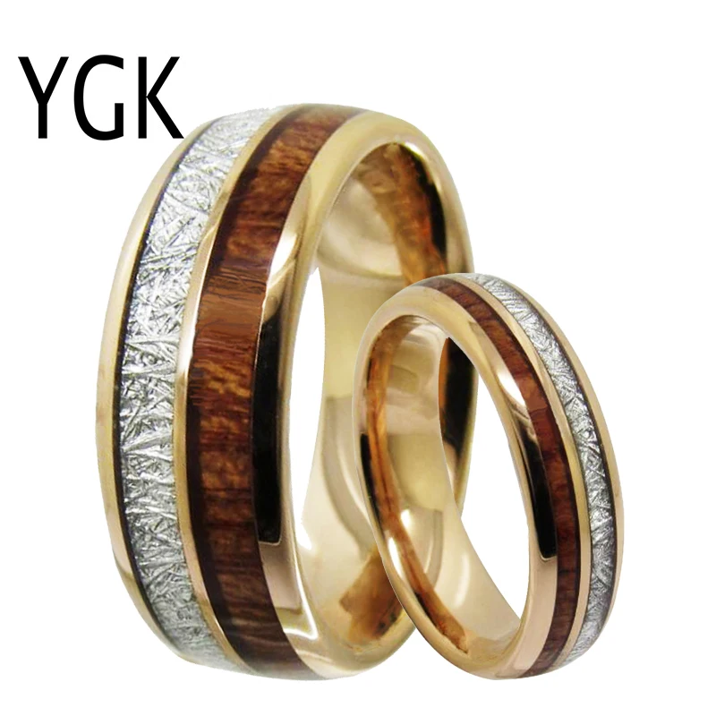 Men's Classic Love Jewelry Trendy Wedding Ring For Women Rose Golden Tungsten Ring Meteorite Wood Inlay Engagement Ring