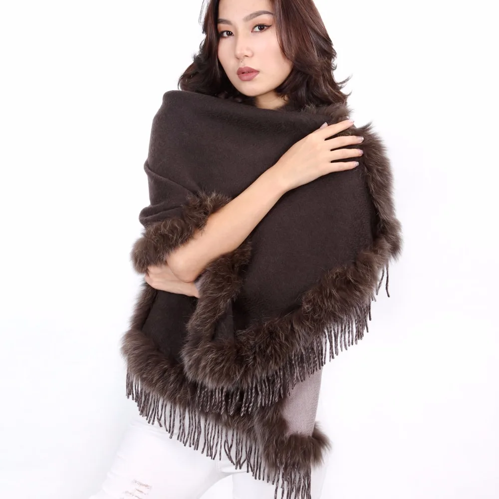 real fox fur trim  scarf female ladies winter autumn spring wraps 100% pure cashmere double color  color S17