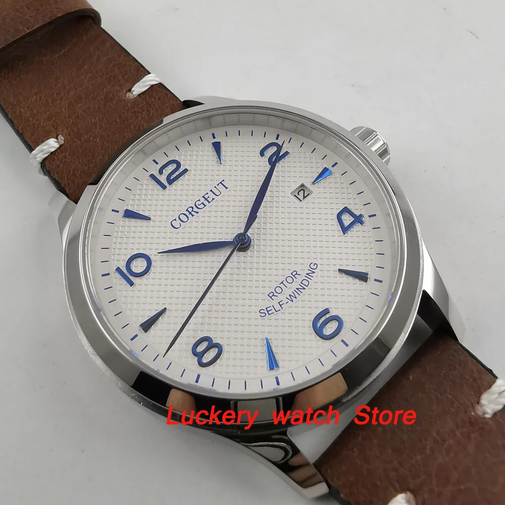 42mm corgeut men\'s watch white dial blue hands and marker sapphire glass Automatic watch-CA40