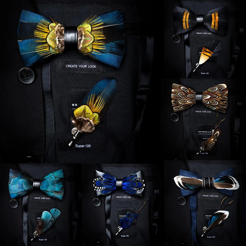 GUSLESON Exquisite Hand made Feather Bow Tie Brooch Pin Set With Gift Box Pre-tied Men Tie Bowtie For Wedding Party