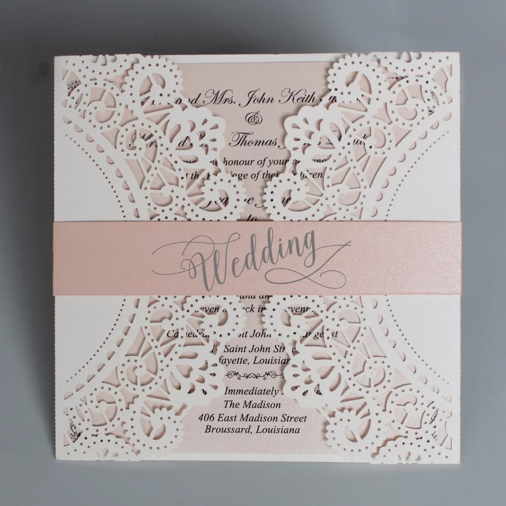 Romantic Wedding Invitation Set Pink Invitation Cards Lace Wedding Invite With Customized wording - Set of 50 pcs