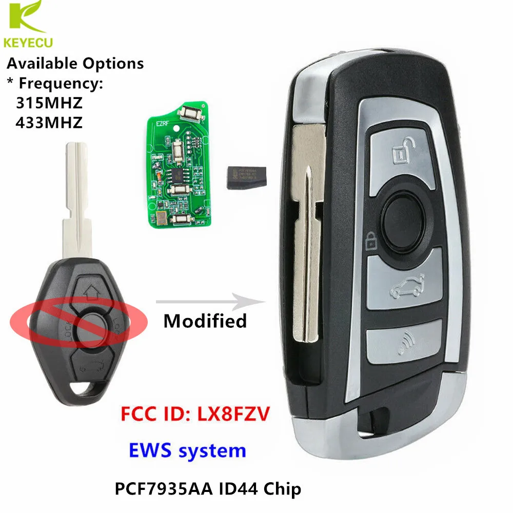 KEYECU Replacement EWS Modified Flip Remote Key 315/433MHZ PCF7935AA ID44 Chip - LX8 FZV for BMW 3 5 6 7 8 M3 X3 Z3 HU58 Blade