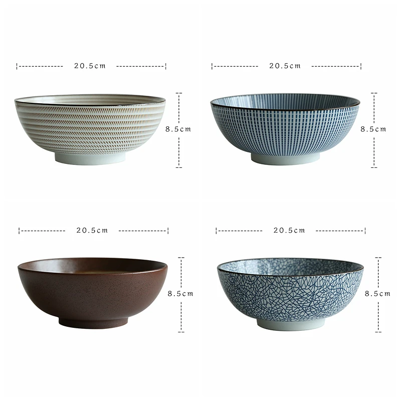 8 Inch Japanese Ramen Bowl Ceramic Noodle Bowl Stripe Design Large Soup Bowl Restaurant Household Dinnerware Microwave Safe