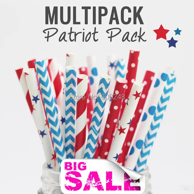 125 Pcs Mixed Colors Themed Patriotic Paper Straws,Red Striped and Swiss Dot,Blue Chevron and Polka Dot, Blue Red Star July 4th