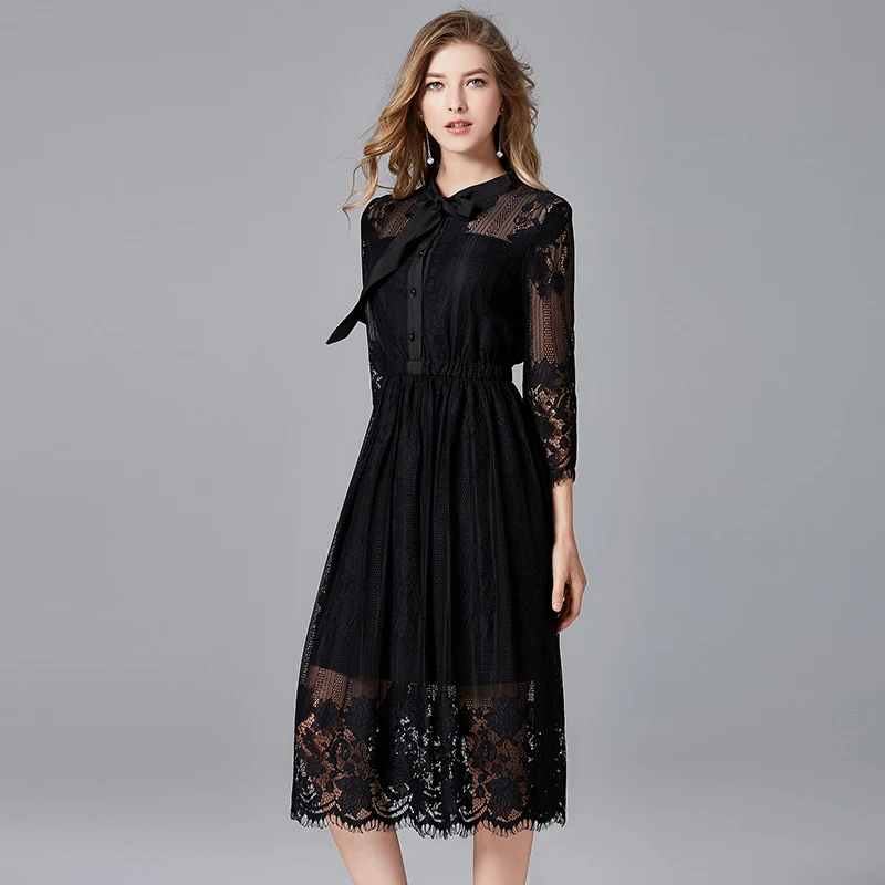 Taoyizhuai brand lace dress spring and autumn new European and American fashion black elastic waist eyelash versatile dress