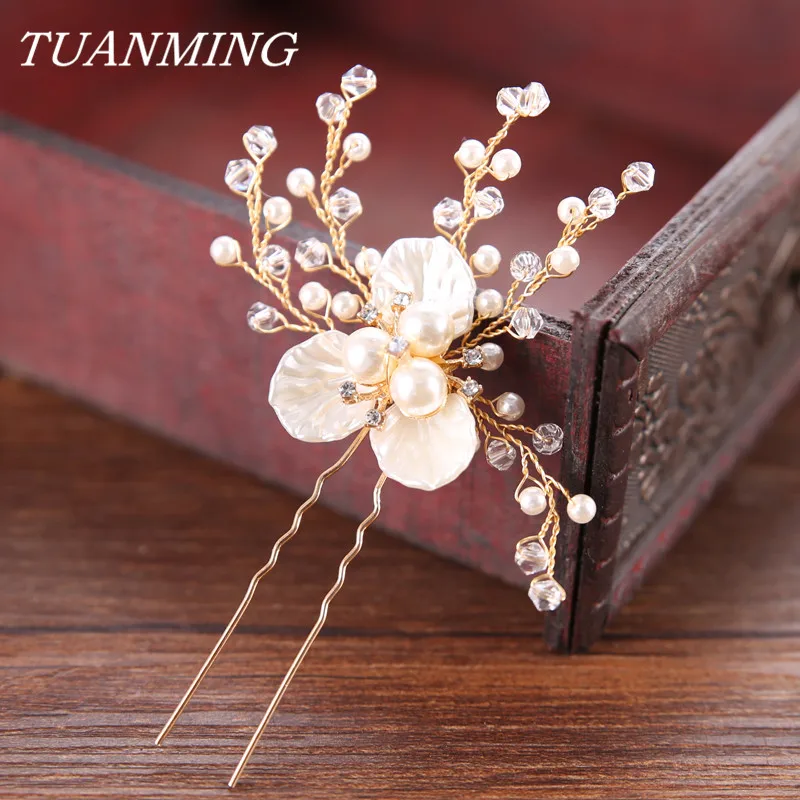 Wedding Pearl Hair Pins Shell Flower Pearl Bride Hair Pins Headdress Female Hair Stick Women Kanzashi