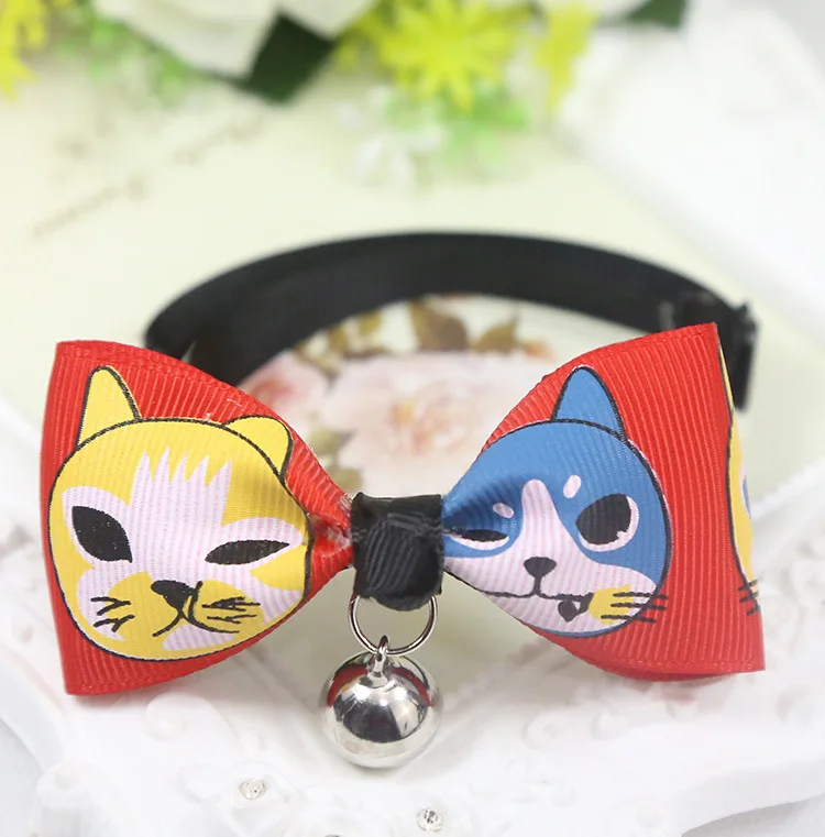 Cute Cat Bowtie Collar with Bells Dogs Bow Ties Dog Tie Pet Accessories Dog Necktie Smiling Face Square Pattern