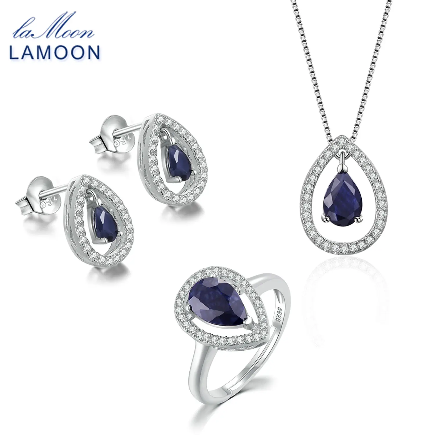 

LAMOON Teardrop 100% Real Blue Sapphire Sterling Silver S925 Fine Jewelry Set For Women Water Drop Earring Ring Necklace V040-2