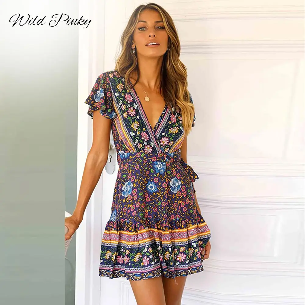 Wildpinky Bohemian Bloemen Mini Vrouwen Zomer Jurk Festa V-hals Ruches Bandage Jurk Vrouwelijke 2022 Elegante Holiday Beach Zonnejurk