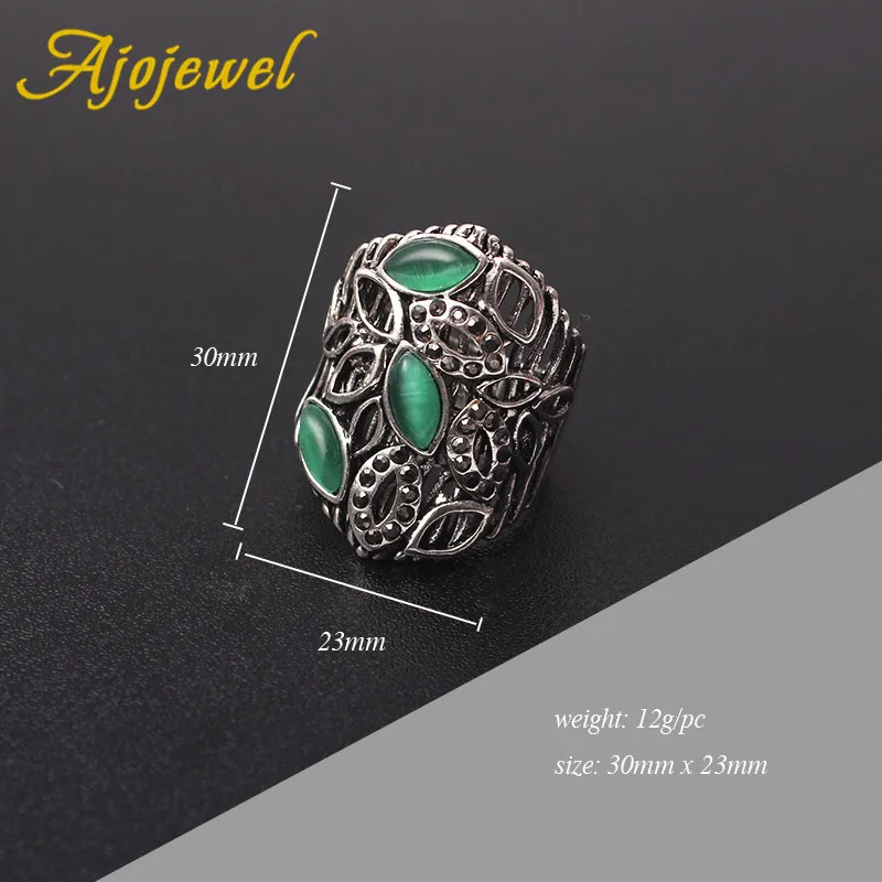 Ajojewel Hollow Plant Leave Vintage Rings Green Stone Woman Jewelry Retro Accessories