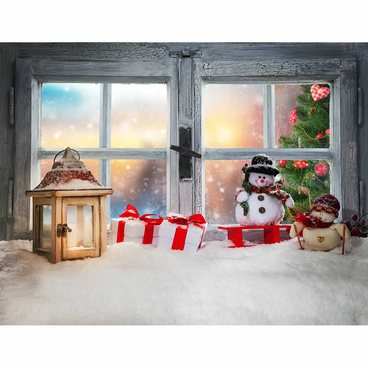 Allenjoy fotografie hintergrund weihnachten fenster sill dekoration schöne sunset view weihnachten baum hintergrund Foto studio