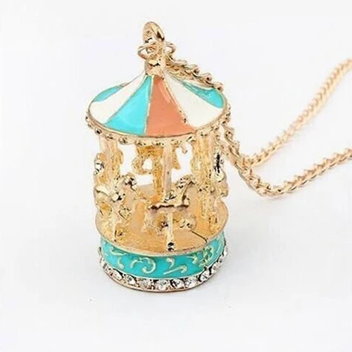 Sweet Enamel Carousel Merry Go Round Horse Charm Pendant Sweater Necklace Fashion Luxury rhinestone decort long chain necklace