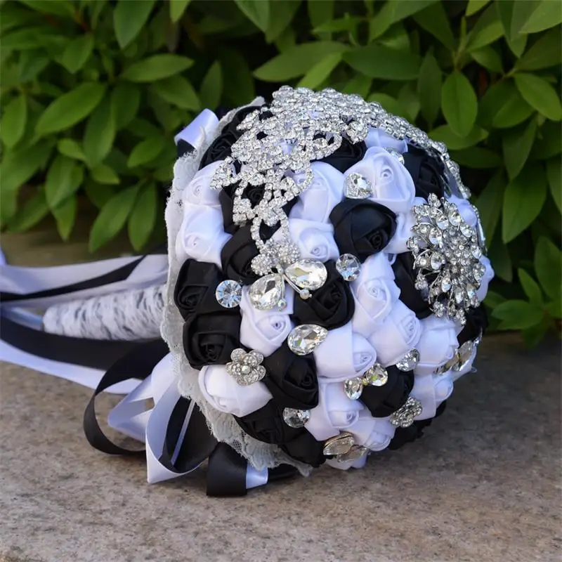 

High Quality Wedding Bouquet Bridesmaids Flowers in White Black color Bling Rhinestone Bridal Flowers Party Home Accessories