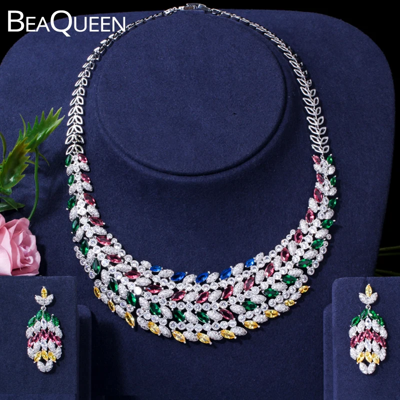 

BeaQueen Gorgeous African Necklace Earrings Bridal Jewelry Sets Multicolor Cubic Zirconia Women Wedding Party Jewellery JS191