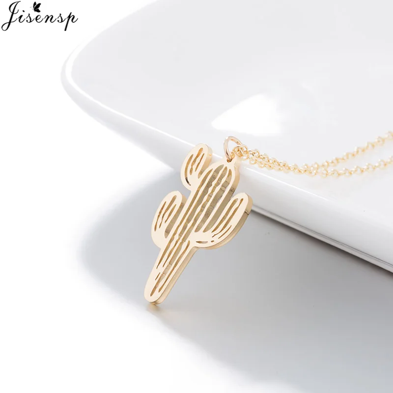 Jisensp Minimalist Desert Prickly Cactus Necklaces & Pendants Women Plant Jewelry Long Chain Choker Saguaro Party Gifts Bijoux