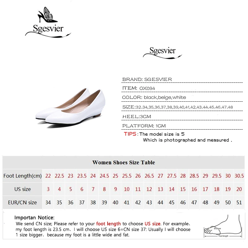 SGESVIER Women Pumps Pointed Head Low Heels Wedge Shoes Woman Shallow Slip On Shoes White Black Pumps 32-48 Lady Shoes OX094