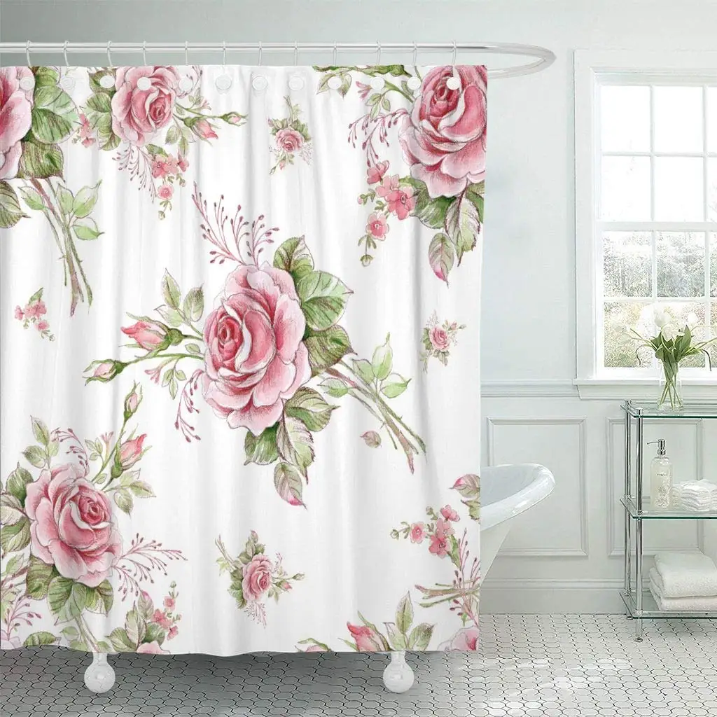 Shower Curtain with Hooks Pink Shabby Watercolor Roses in Bud Beautiful for and Exquisite of Sketches The Flower Bathroom