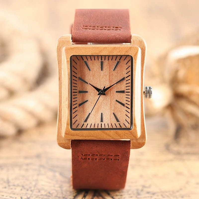 Creative Rectangle Dial Wood Watch Natural Handmade Light Bamboo Fashion Men Women Casual Quartz Wristwatch Genuine Leather Gift