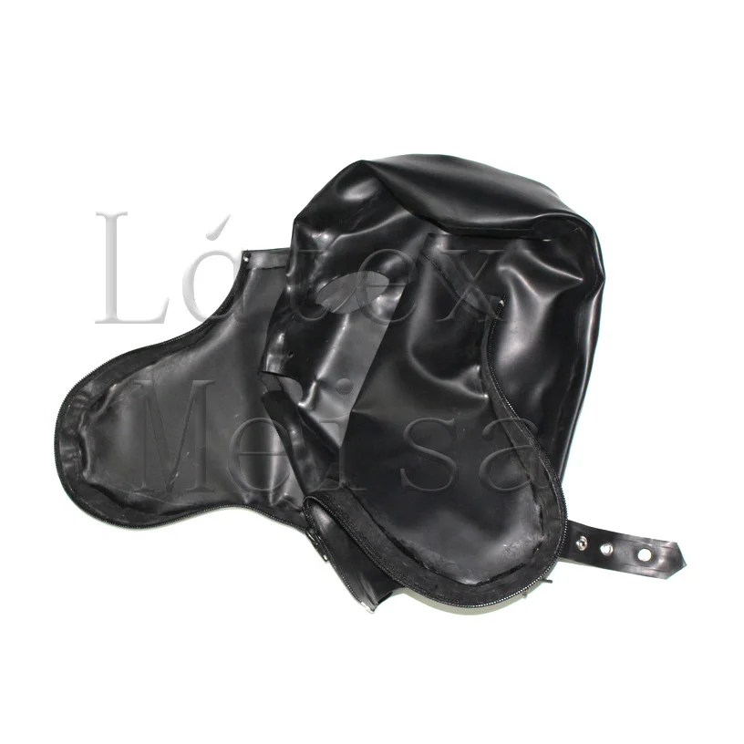 

Latex masks adult's rubber hoods attached zipped face cover and back belt in black color