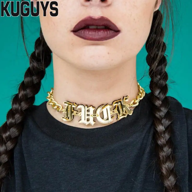 KUGUYS Letters Chokers Necklaces for Women Acrylic Mirror Gold Color Trendy Jewelry HipHop Punk Rock Girls Accessories