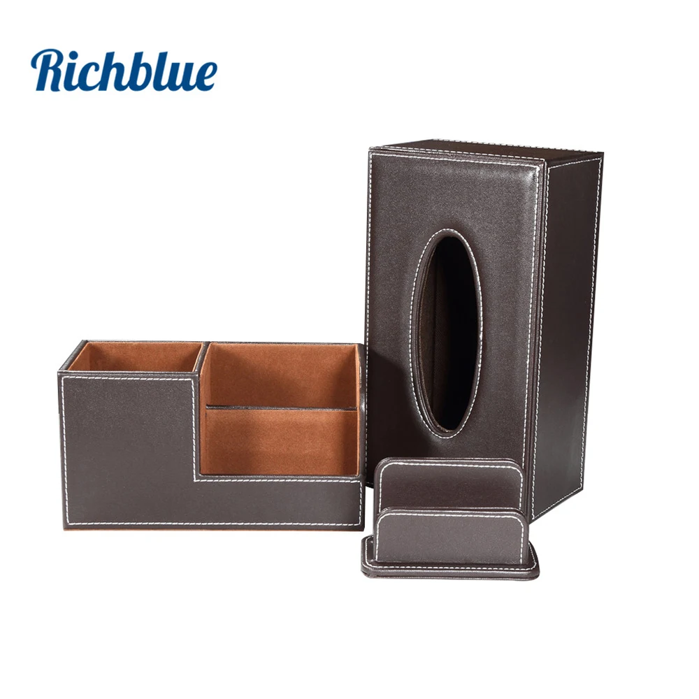 

Office PU Leather Storage Box Desktop Stationery Organizer Set 3 Pcs/Set Tissue Case Pen Holder Card Holder T102