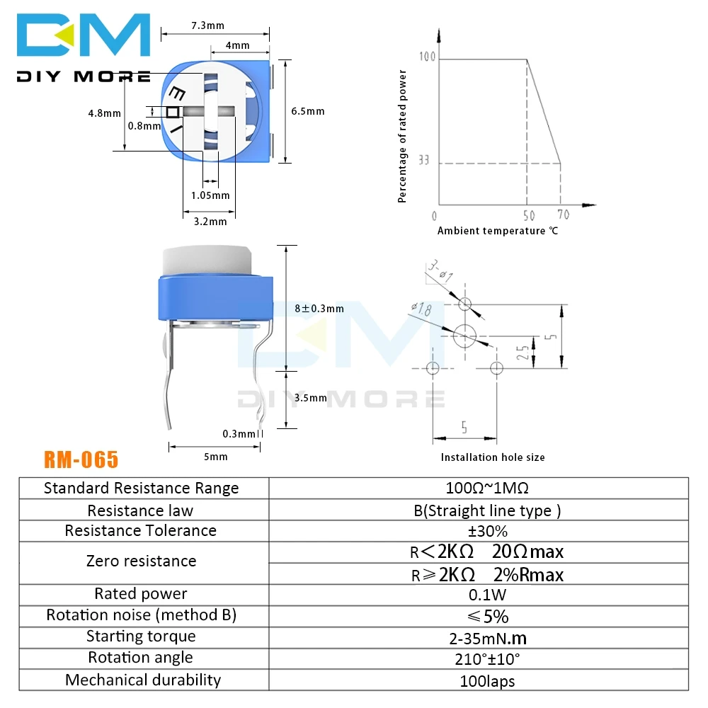 10PCS 100R 200R 500R 1K 2K 2.2K 3K 5K 10K 20K 50K 100K 500K 1M Ohm RM-065 RM065 Trimpot Trimmer Potentiometer Variable Resistor