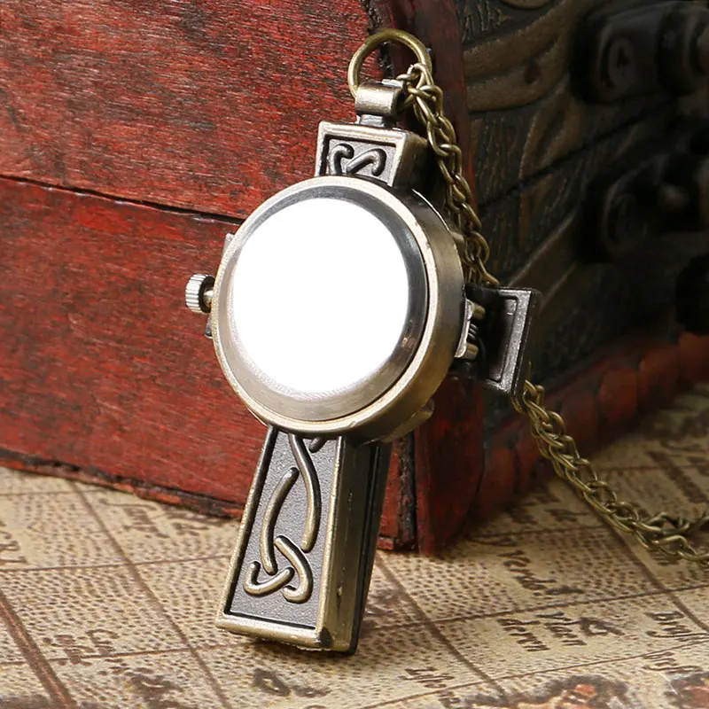 Cool Cross Design Vintage Bronze Quartz Fob Pendant Pocket Watch With Necklace Chain Best Gift