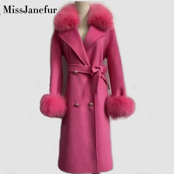 Women Cashmere Coat with Real Fox Fur Collar Woolen Jacket with Belt Winter Autumn Slim Lady 2022 Long Overcoat Women Wool Coat