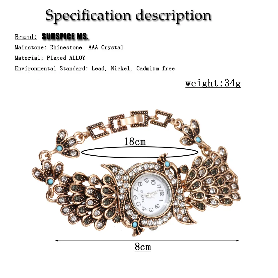 SUNSPICE MS Ethnic Indian Peacock Charm Bracelet Wrist Watch For Women Antique Gold Color Ladies Party Cuff Jewelry Wholesale