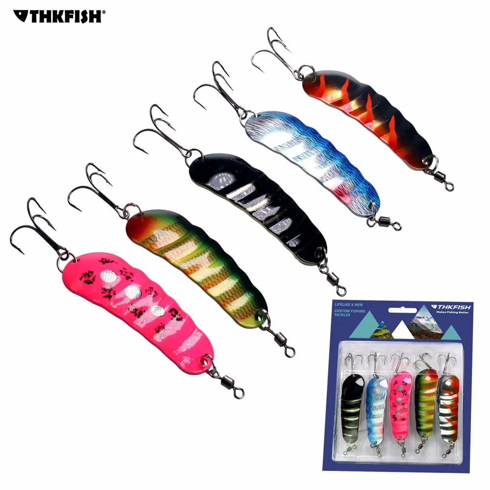 

THKFISH 5pcs Fishing Spoons Metal Lure 4.7in 0.7oz Hard Baits With Treble Hook Swivels Spinner Sequin Spoon Fishing Lures Kit