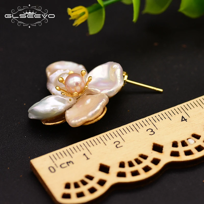 GLSEEVO Original Handmade Natural Fresh Water Pearl Flower Drop Earrings For Women Wedding Jewelry boucle d\'oreille femme GE0712