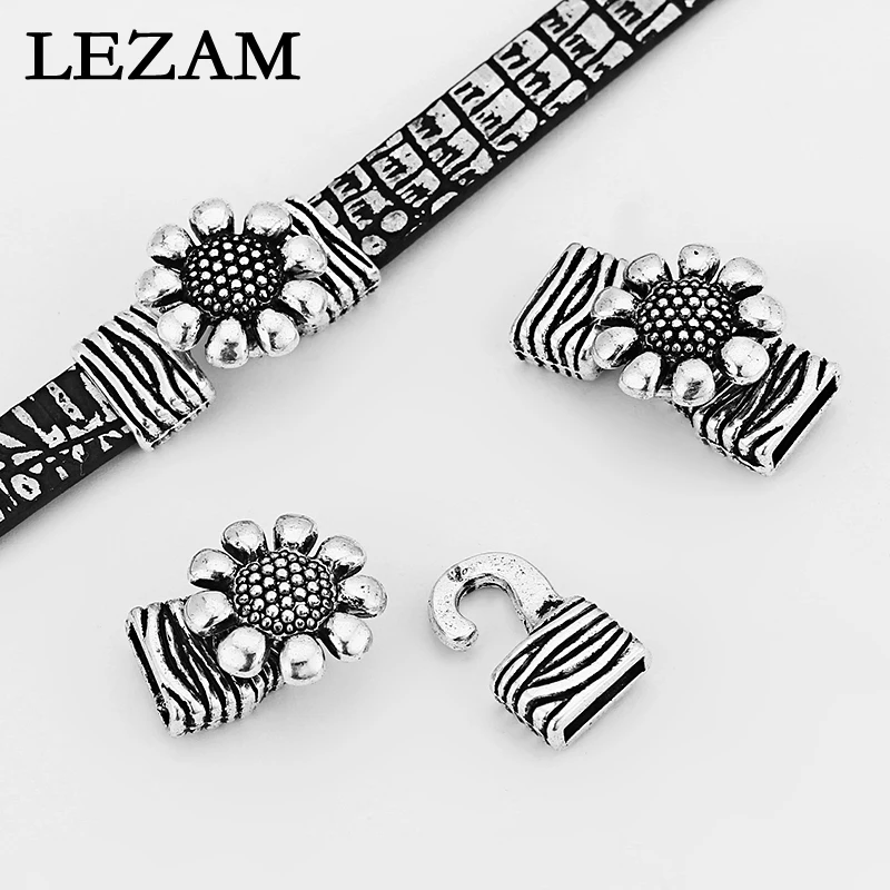 5 Sets Antique Carved Stripe Sunflower Shaped Bracelet Hook Clasp Beads Fit 10*2mm Flat Leather Cord Jewelry Findings