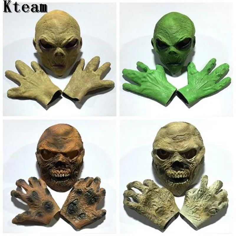 One Set Scary Alien Latex mask Gloves costumes Adult Party Costume Alien Head UFO Mask  Accessories Horror Zombie Face Mask Toys