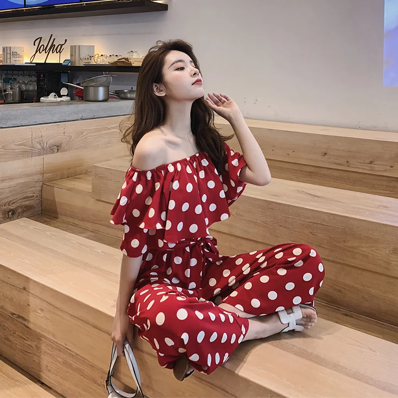 Boho chic Polka Dot kombinezon 2019 Off Shoulder Flunce koreański kombinezony zasznurować szerokie nogawki eleganckie kombinezony dla kobiet 2019 DD2160