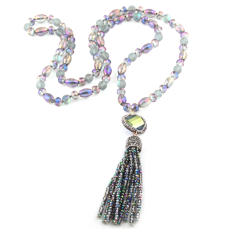 Bohemian Tribal Jewelry Glass Crystal long Knotted Round Oval Crystal Link Crystal Tassel Necklace For Women