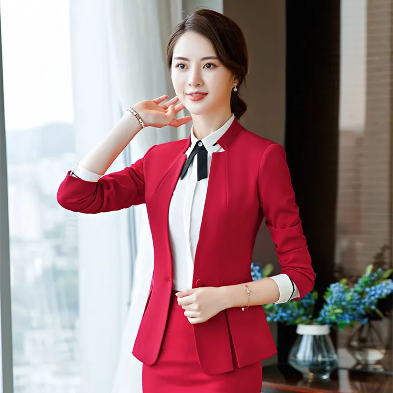 IZICFLY Spring Autumn Red Blazer Set With Skirt Office Clothes For Women Uniform Lady Elegant 2 Piece Business Suit