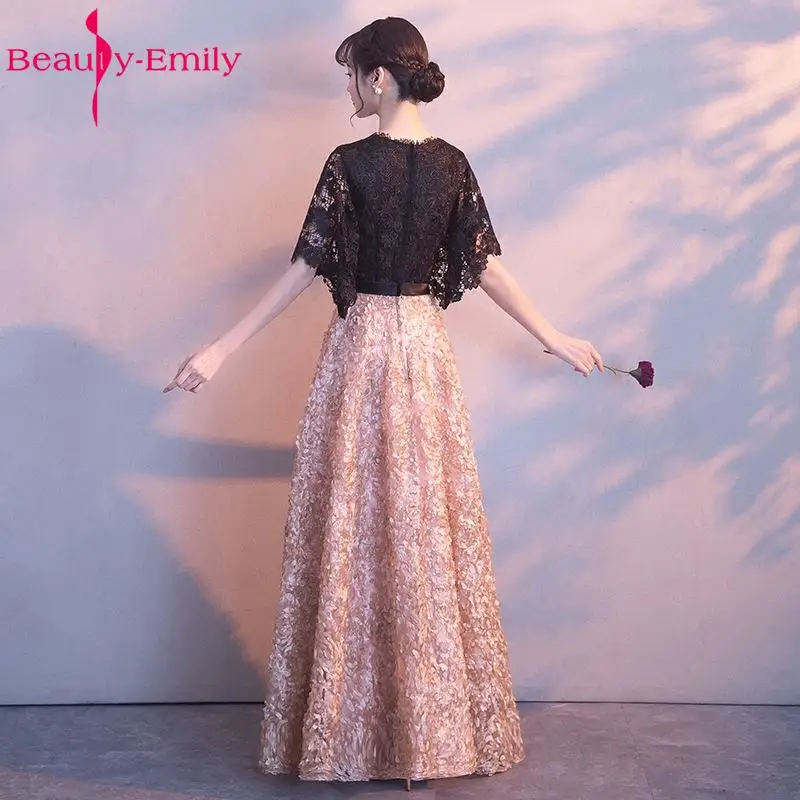 Beauty Emily-Vestidos de Noche largos de encaje negro, ropa Formal para fiestas, ocasiones de graduación, línea A, Media manga, 2019