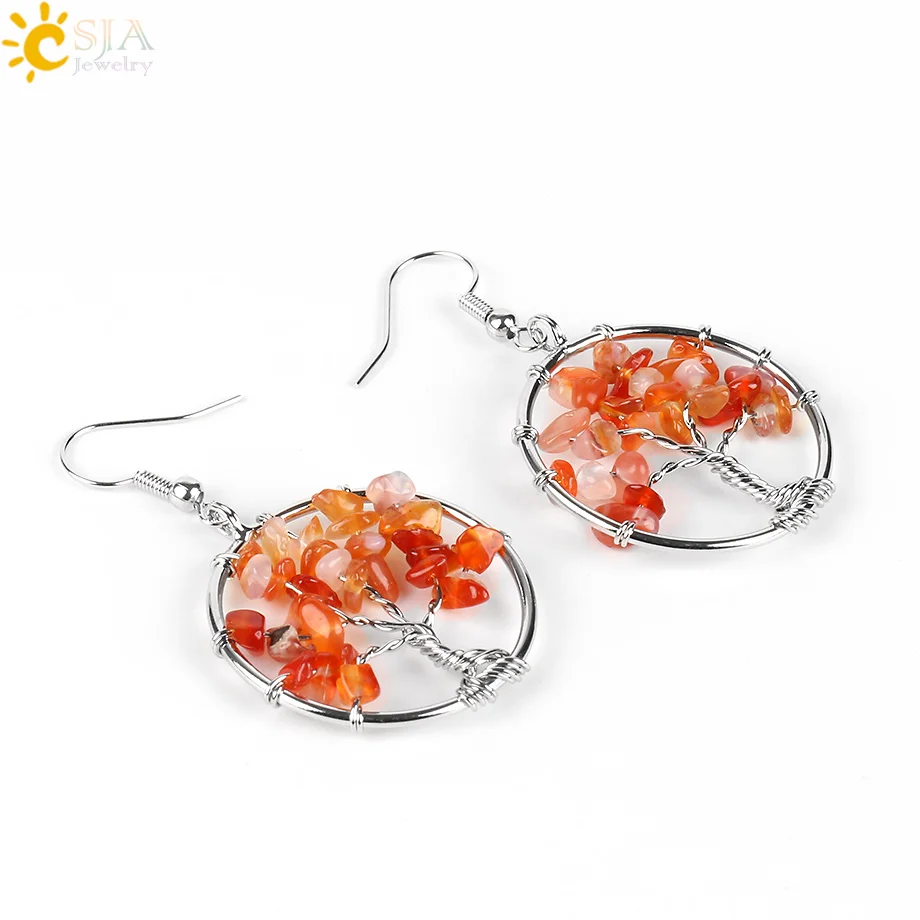 CSJA Tree of Life Women Drop Earrings Round Natural Chip Gem Stone Opal Tiger Eye White Crystal Dangle Hook Earring Jewelry E514