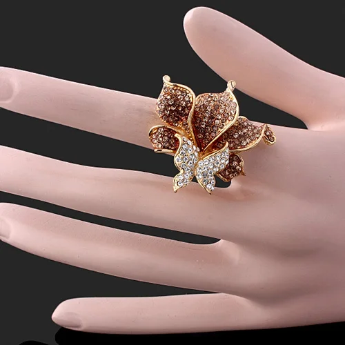 CHRAN Gold Color Trend Butterfly Rings for Women Wholesale Fashion Sparkling Crystal Statement Jewelry Ladies Gift